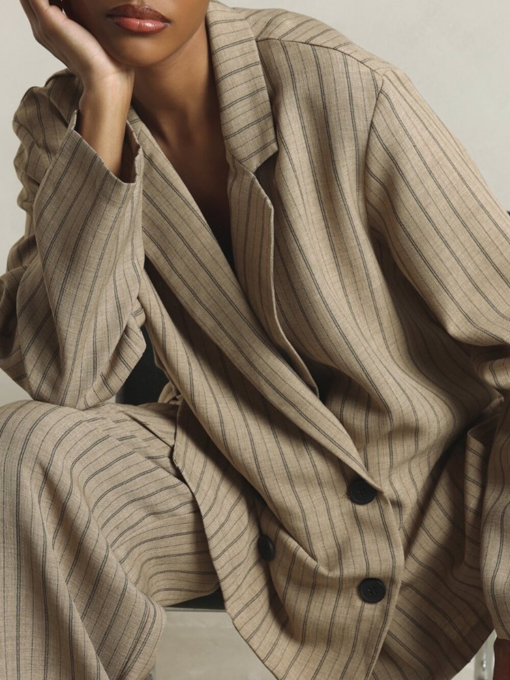 Khaki Elegant Women's Oversized Double-Breasted Pinstripe Blazer - Picture 6 of 7
